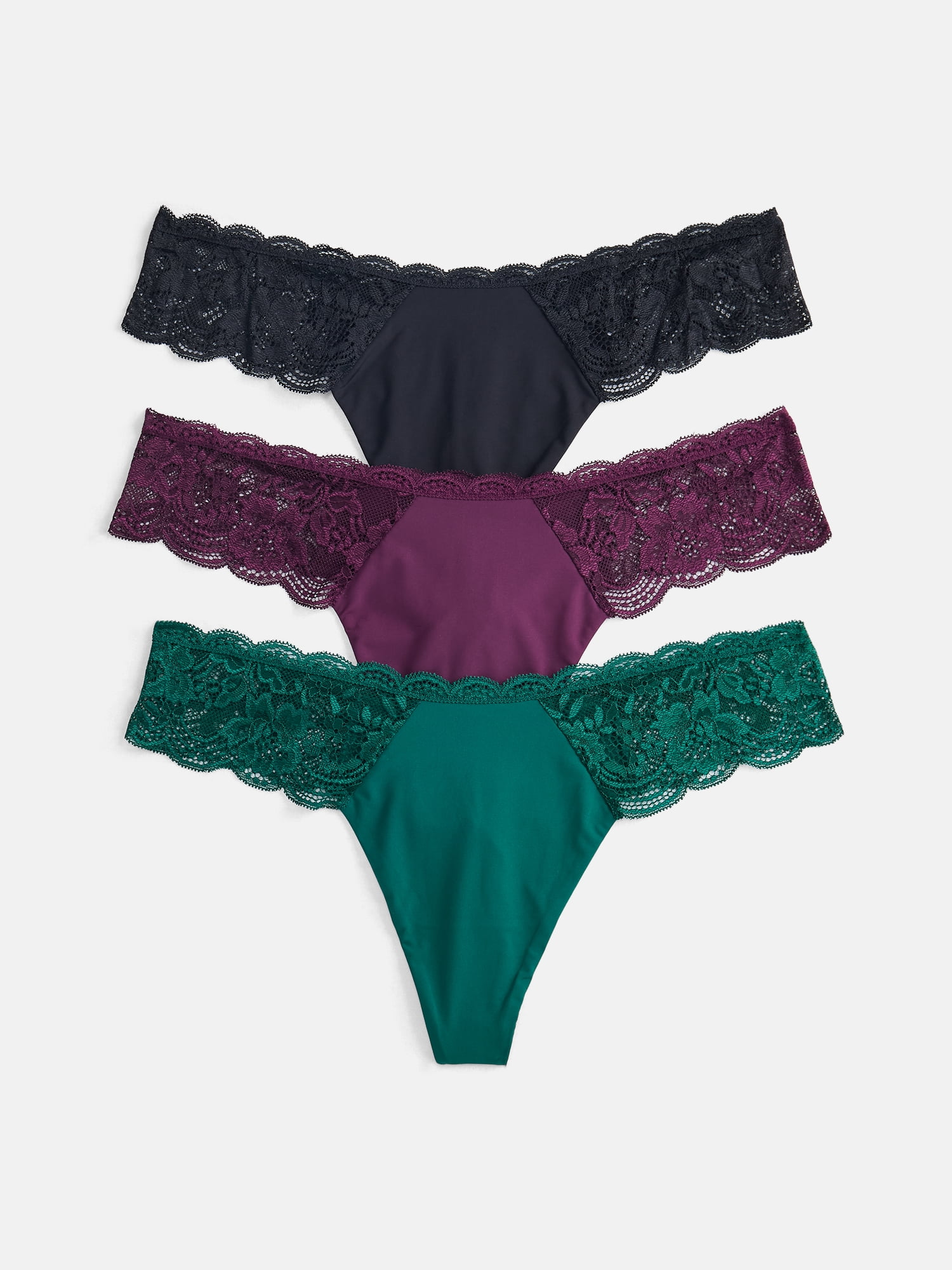 Joyspun Women's Microfiber and Lace Thong Panties, 3-pack, Sizes to 3XL