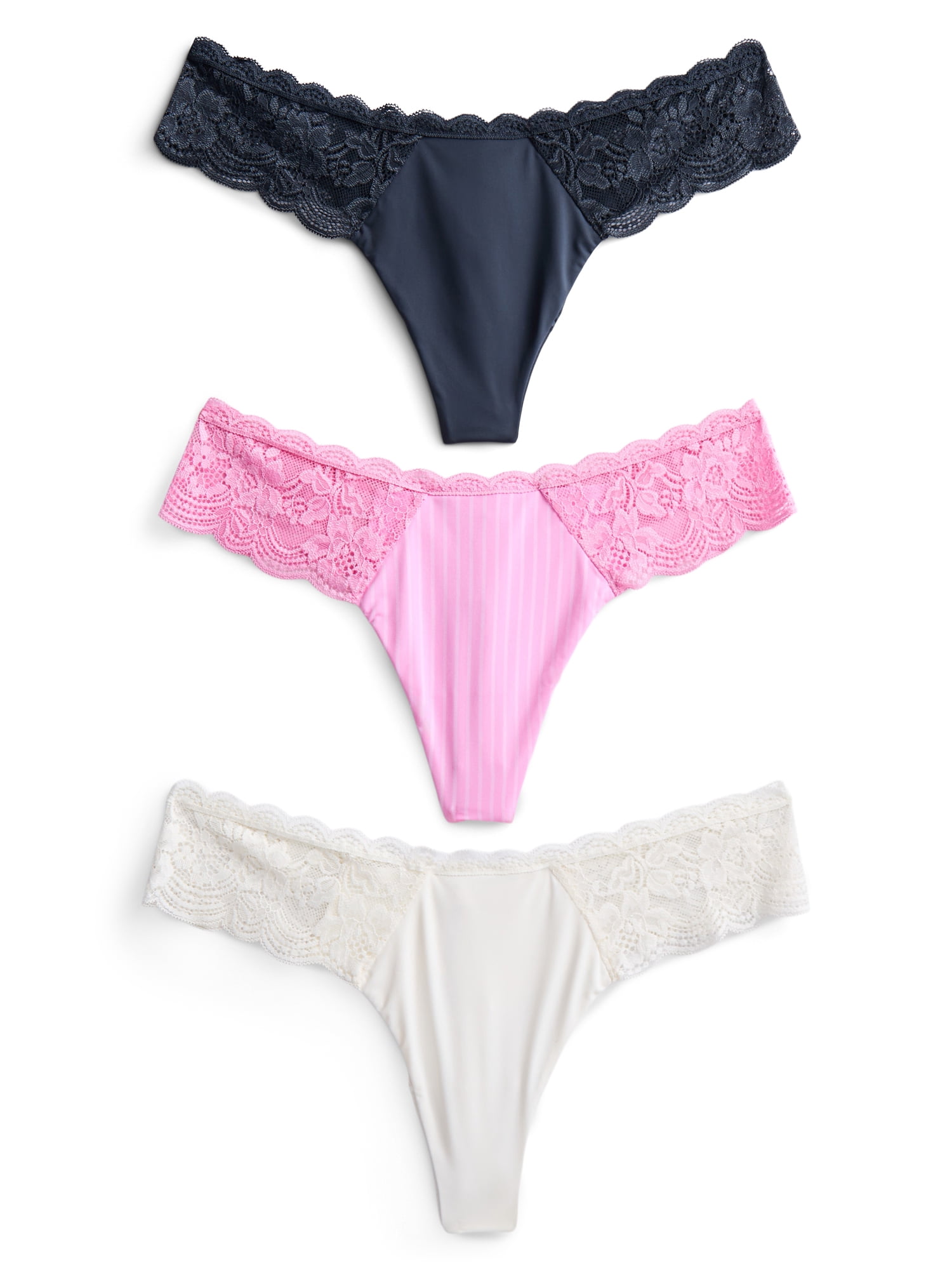 Joyspun Women's Microfiber and Lace Thong Panties, 3-Pack, Sizes XS-3XL