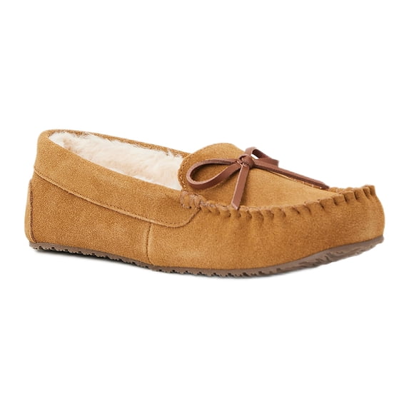Joyspun Women's Suede Moccasin Slippers, Wide Width Available