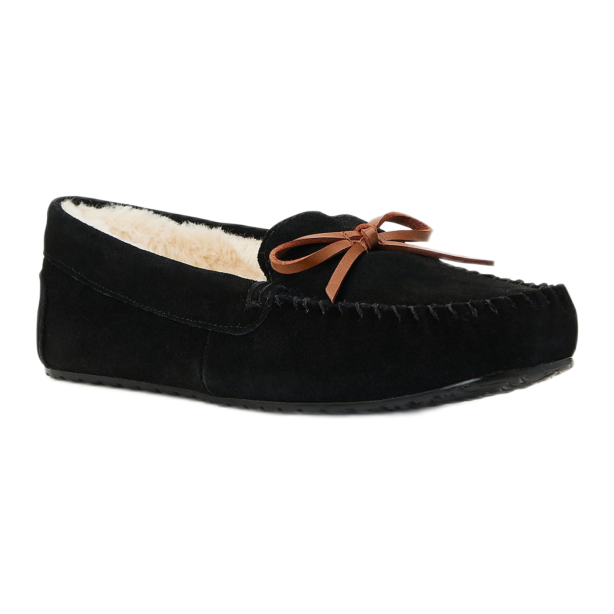 Joyspun Women's Moccasin Slipper, Wide-Width, Suede, Fur Lining