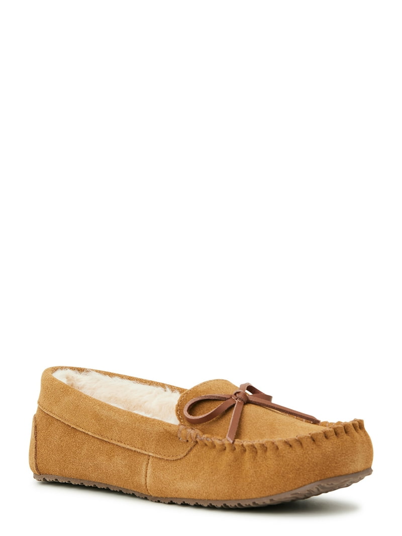 Joyspun Women's Suede Moccasin Slippers, Wide-Width, Indoor