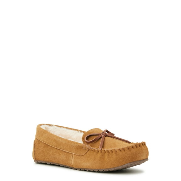 Joyspun Women's Suede Moccasin Slippers, Wide Width Available
