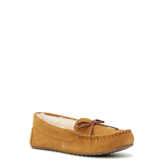Joyspun Women's Suede Moccasin Slippers, Wide Width Available