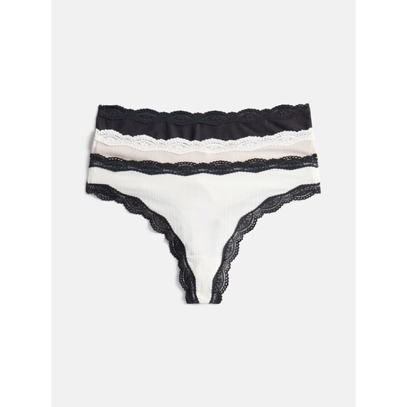 Joyspun Women's Modal Thong Panties with Lace, 3-Pack, Sizes XS-XXXL