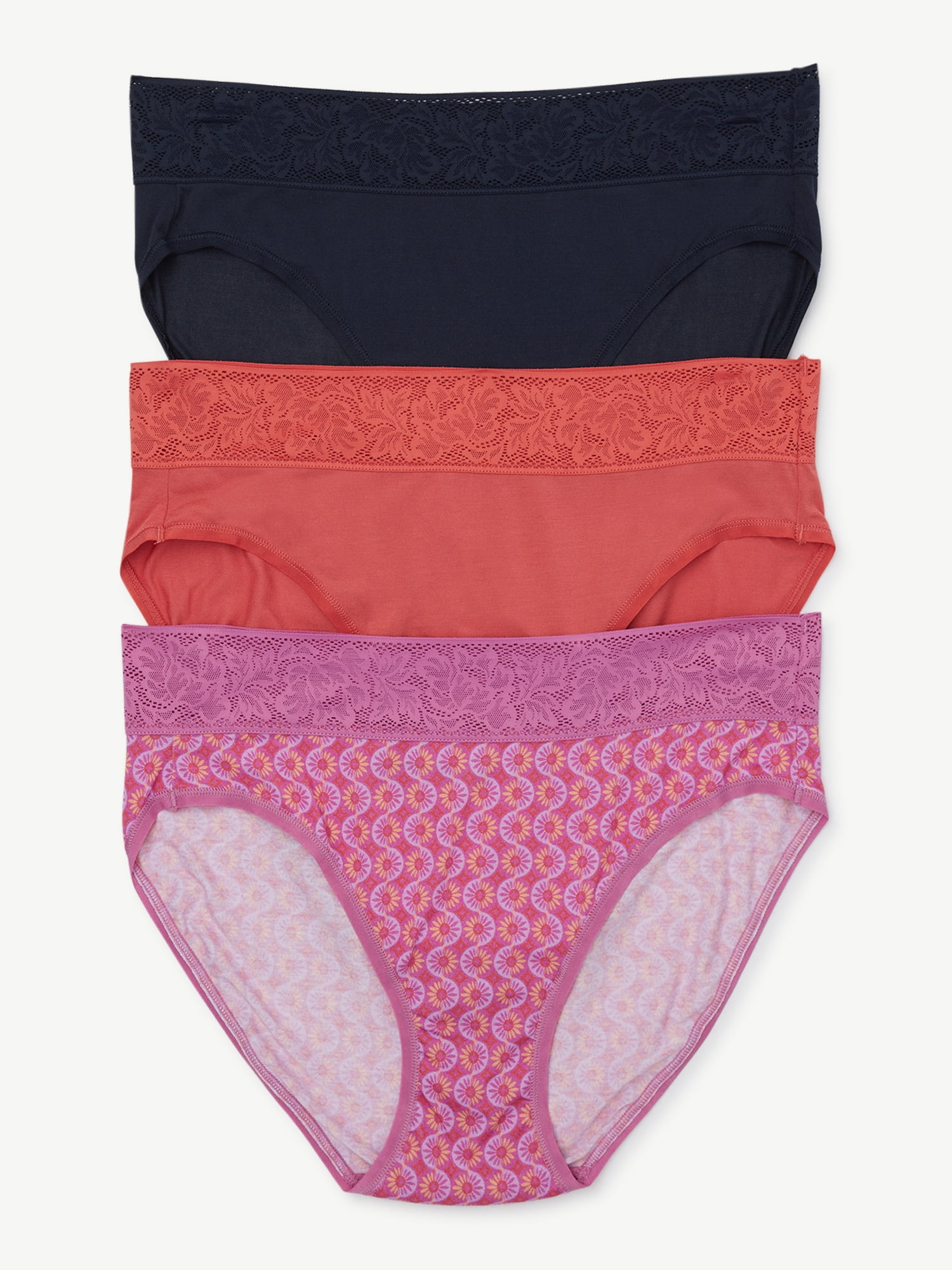 Joyspun Women's Lace and Modal High Cut Brief Panties, 3-Pack, Sizes XS to  3XL 