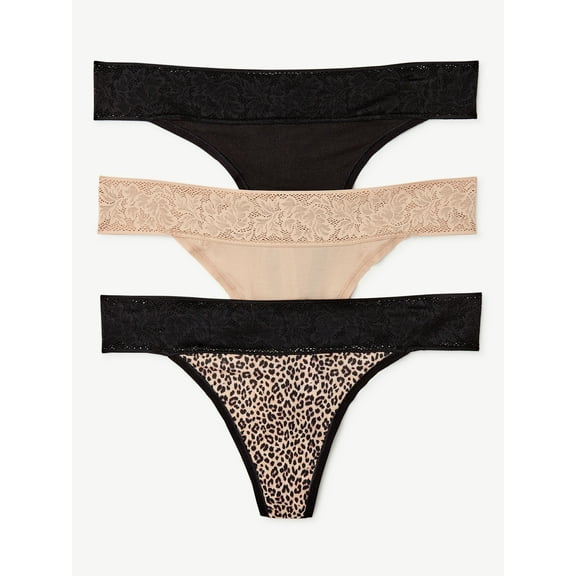Joyspun Women's Modal and Lace Thong Panties, 3-Pack, Sizes S to 3XL