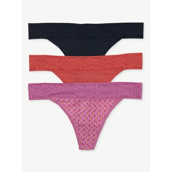 Joyspun Women's Modal and Lace Thong Panties, 3-Pack, Sizes to 3XL