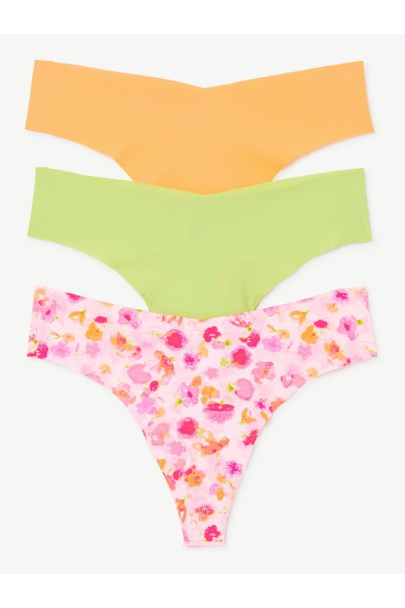 Women's No Show Thong Panties, 3-Pack, Sizes XS to 3X