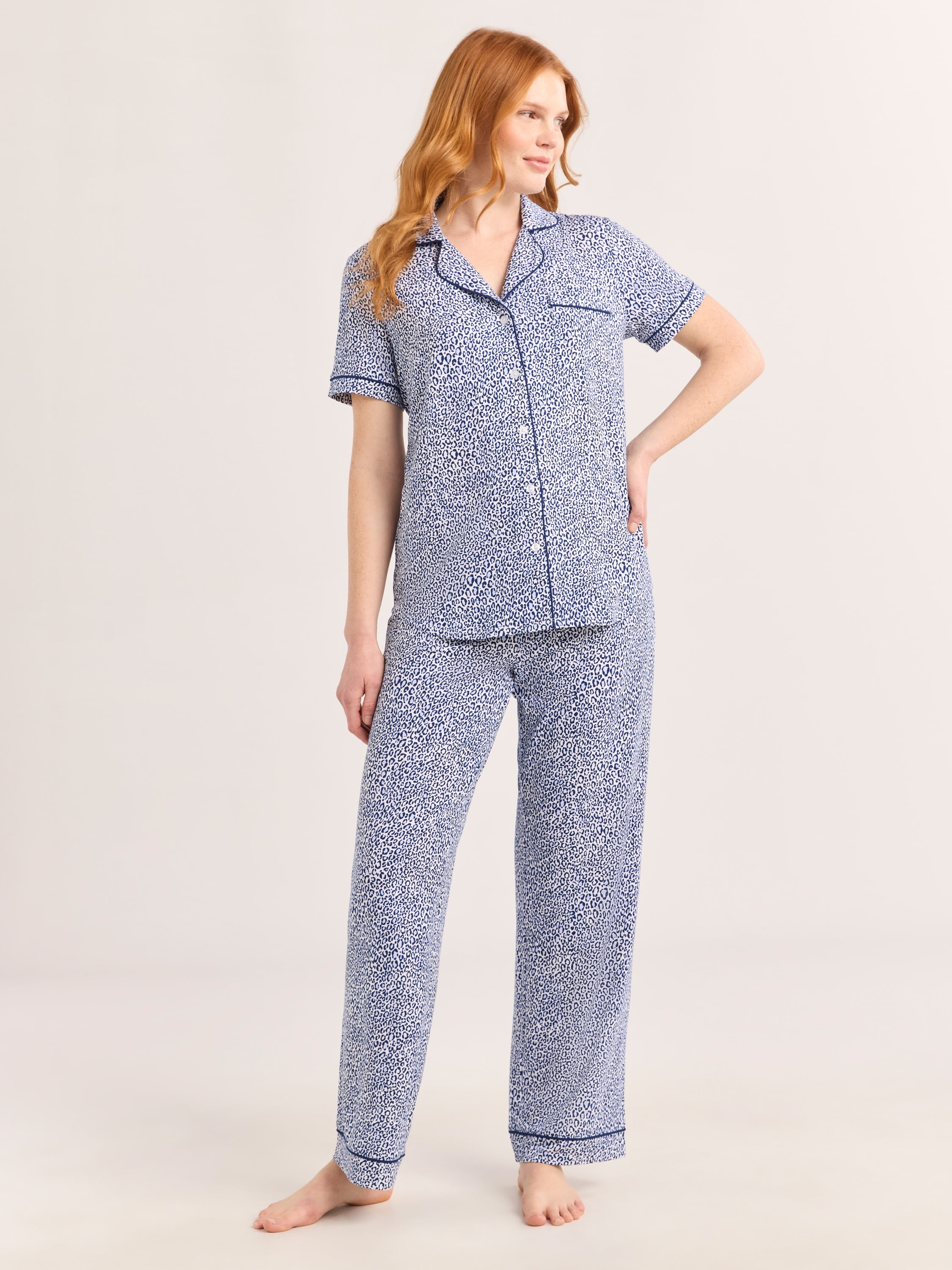 Joyspun Women’s Notch Collar Top & Long Pants Pajama Set, 2-Piece ...