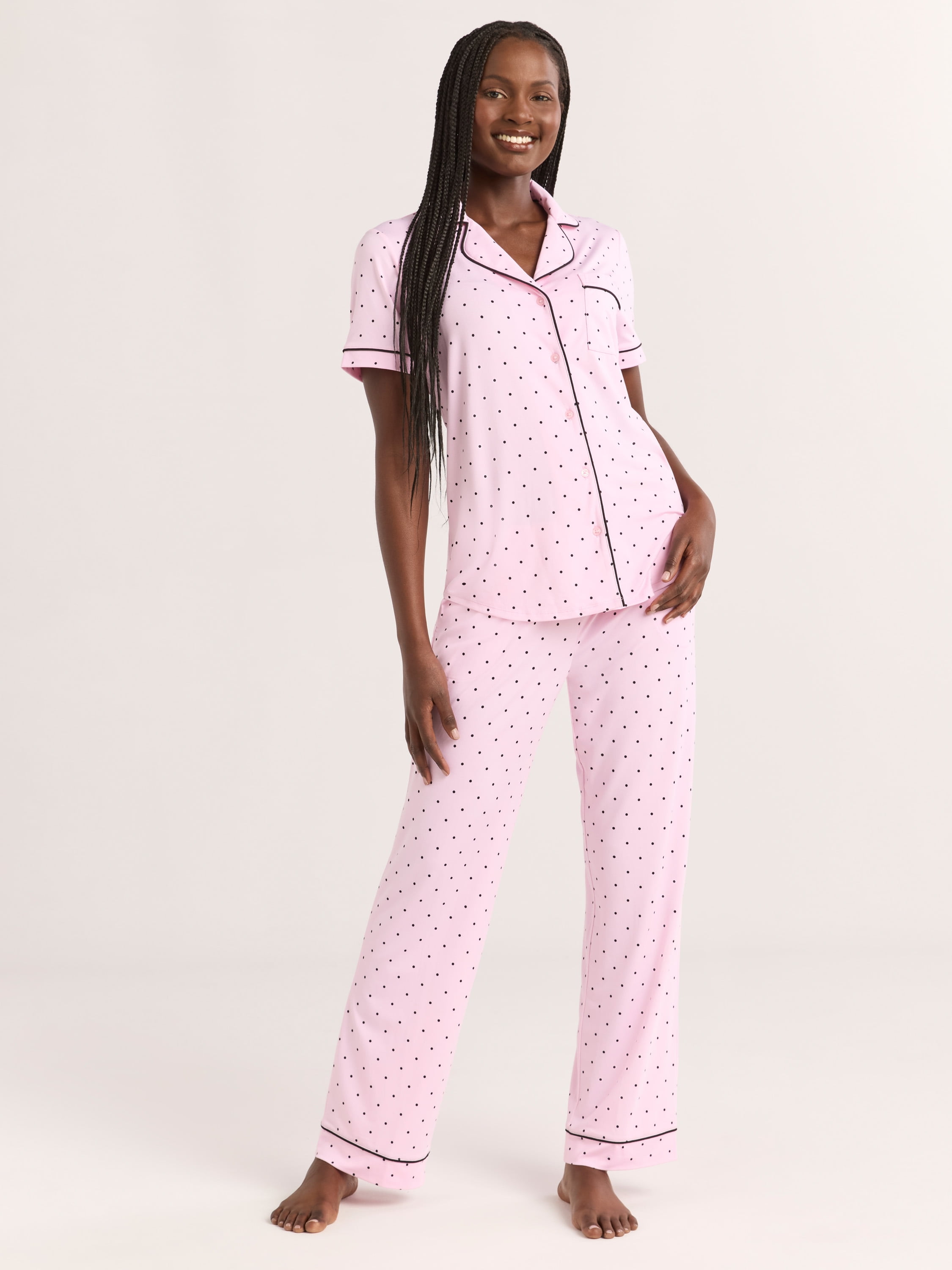 Joyspun Women’s Notch Collar Top & Long Pants Pajama Set, 2-Piece ...