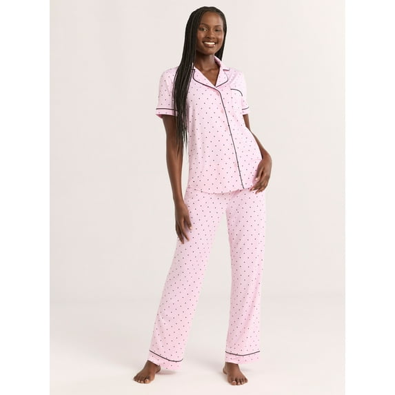 Joyspun Women’s Notch Collar Top & Long Pants Pajama Set, 2-Piece, Sizes S-3X