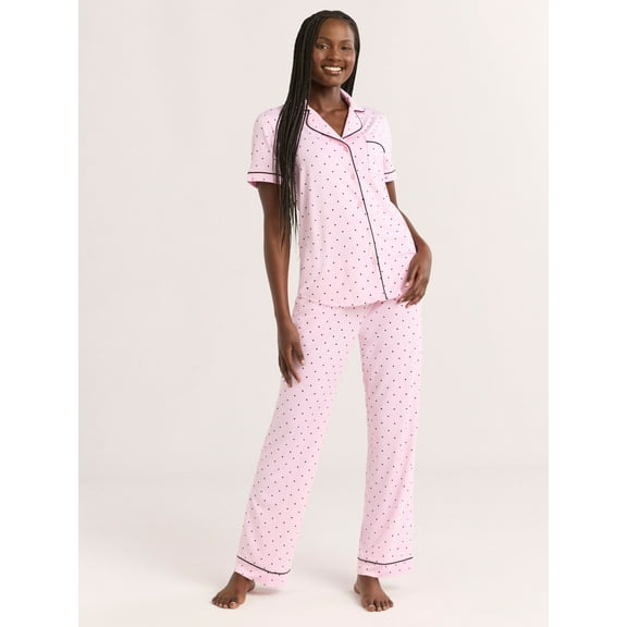 Joyspun Women’s Notch Collar Top & Long Pants Pajama Set, 2-Piece, Sizes S-3X