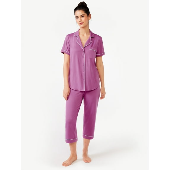 Joyspun Women's Notch Collar Top and Capris Sleep Set, 2-Piece, Sizes S to 3X