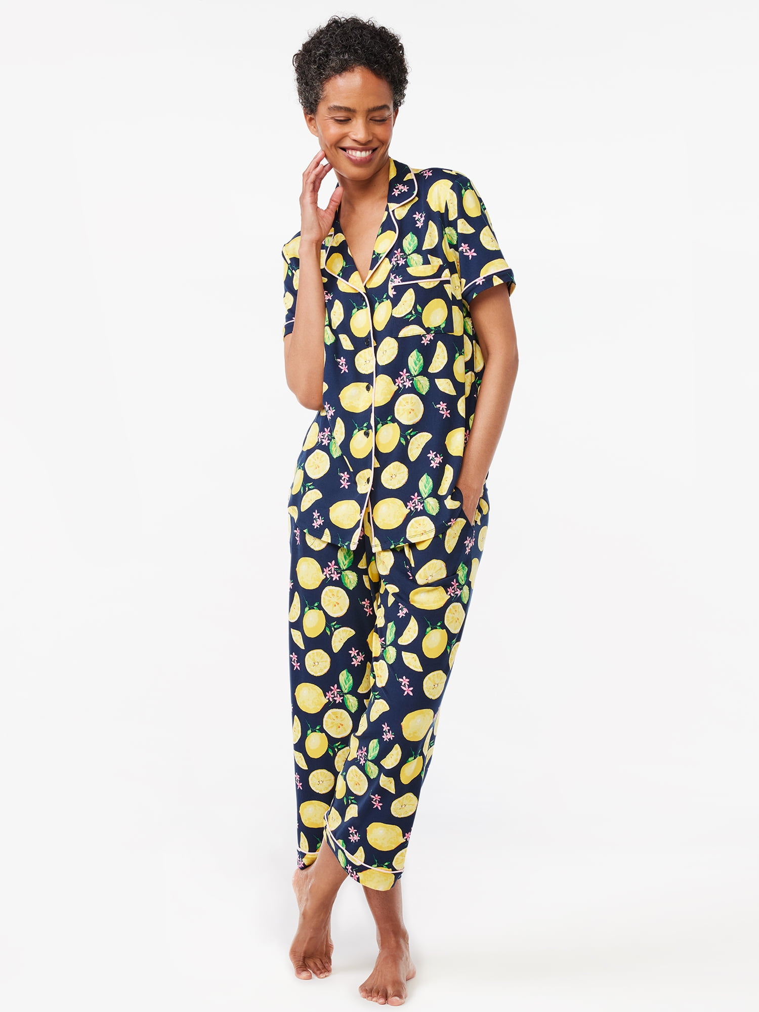 Joyspun Women's Notch Collar Top and Capris Sleep Set, 2