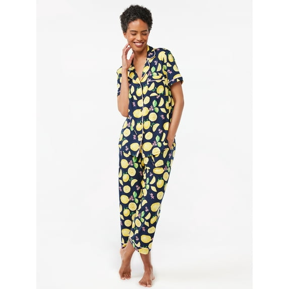 Joyspun Women's Notch Collar Top and Capris Sleep Set, 2-Piece, Sizes S to 3X
