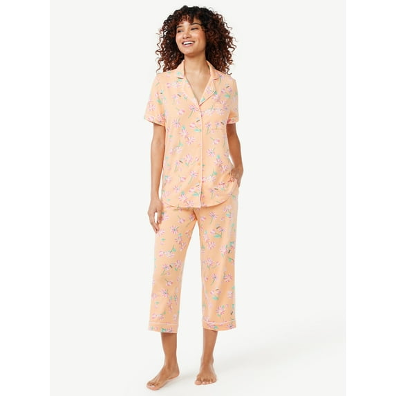 Joyspun Women's Notch Collar Top and Capris Sleep Set, 2-Piece, Sizes S to 3X