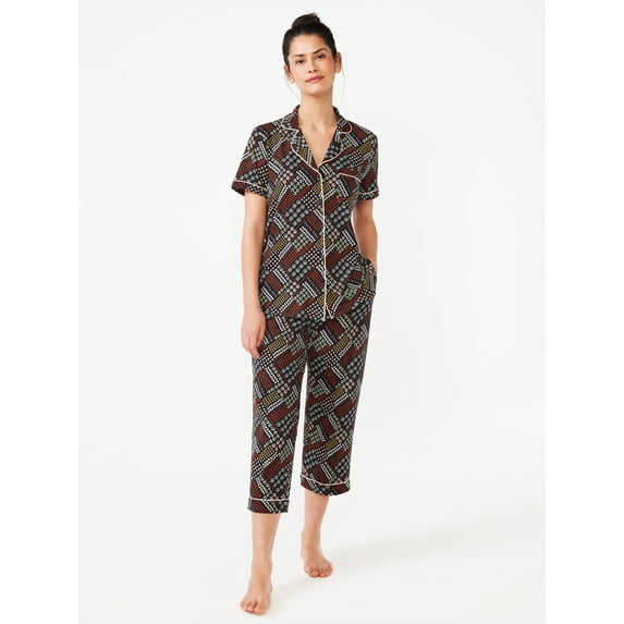 Joyspun Women's Notch Collar Top and Capris Sleep Set, 2-Piece, Sizes S to 3X