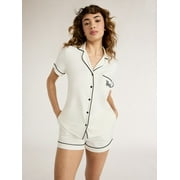 JOYSPUN Women’s Dreamy Soft Collection Notch Collar Knit Top and Boxer Shorts Pajama Set, Sizes XS-3X