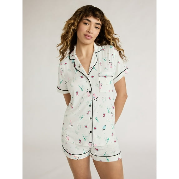 Joyspun Women's Dreamy Soft Collection Notch Collar Top and Shorts Pajama Set, 2-Piece, Sizes XS-3X
