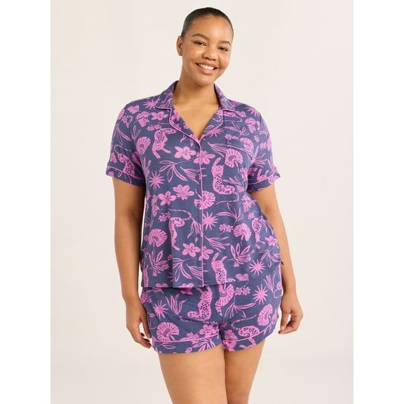 Joyspun Women’s Notch Collar Top and Shorts Pajama Set with Piping, 2-Piece, Sizes XS-3X