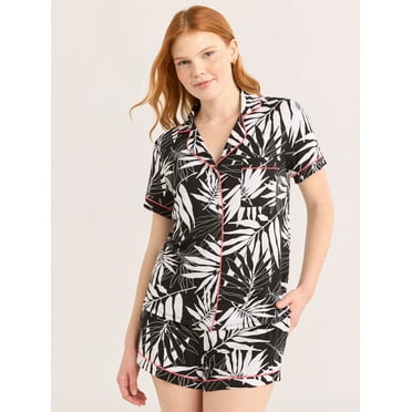 Joyspun Women’s Notch Collar Top and Shorts Pajama Set with Piping, 2-Piece, Sizes XS-3X