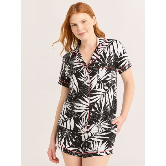 Joyspun Women’s Notch Collar Top and Shorts Pajama Set with Piping, 2-Piece, Sizes XS-3X