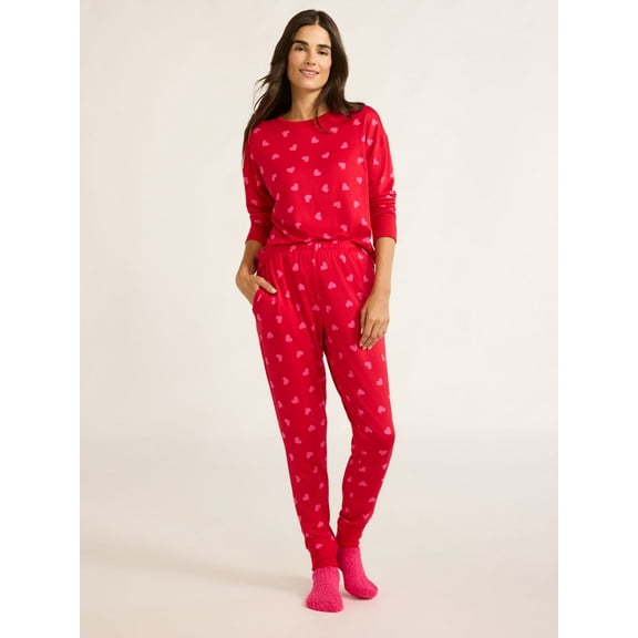 Joyspun Women's Pajama Top, Joggers and Socks Pajama Gift Set, 3-Piece, Sizes S-3X