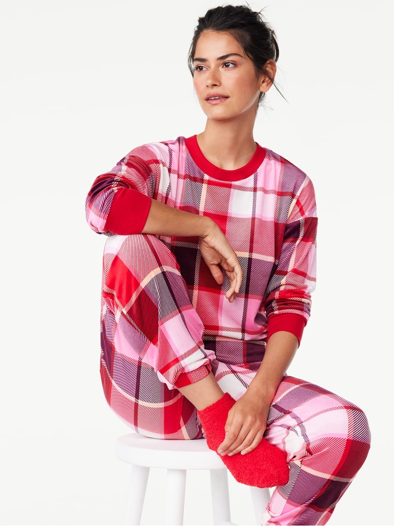 Joyspun Women's Plaid Stretch Velour Top and Joggers Pajama Set