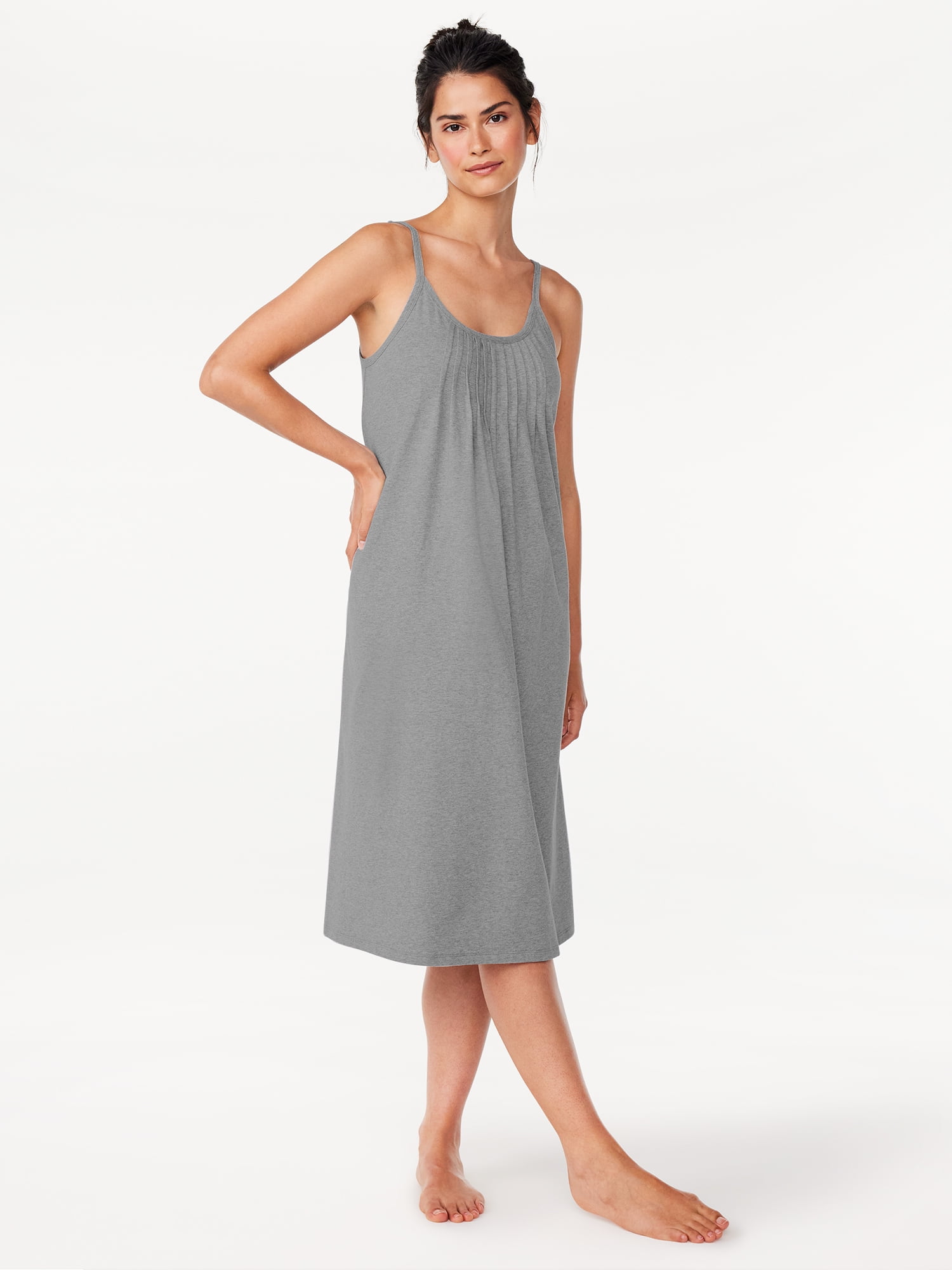 Joyspun Women's Pleated Neck Sleeveless Midi Nightgown, Sizes S to 5X 
