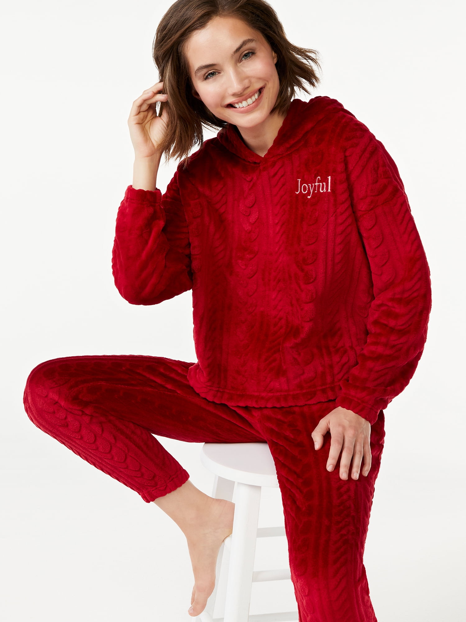 joyspun-women-s-plush-cable-long-sleeve-hooded-top-and-pants-pajama-set