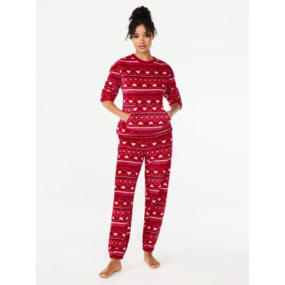 Joyspun Women’s Plush Hooded Top and Pants, 2-Piece Pajama Set, Sizes XS to 3X