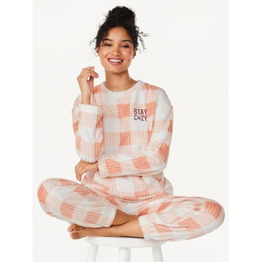 Joyspun Women’s Plush Hooded Top and Pants, 2-Piece Pajama Set, Sizes XS to 3X