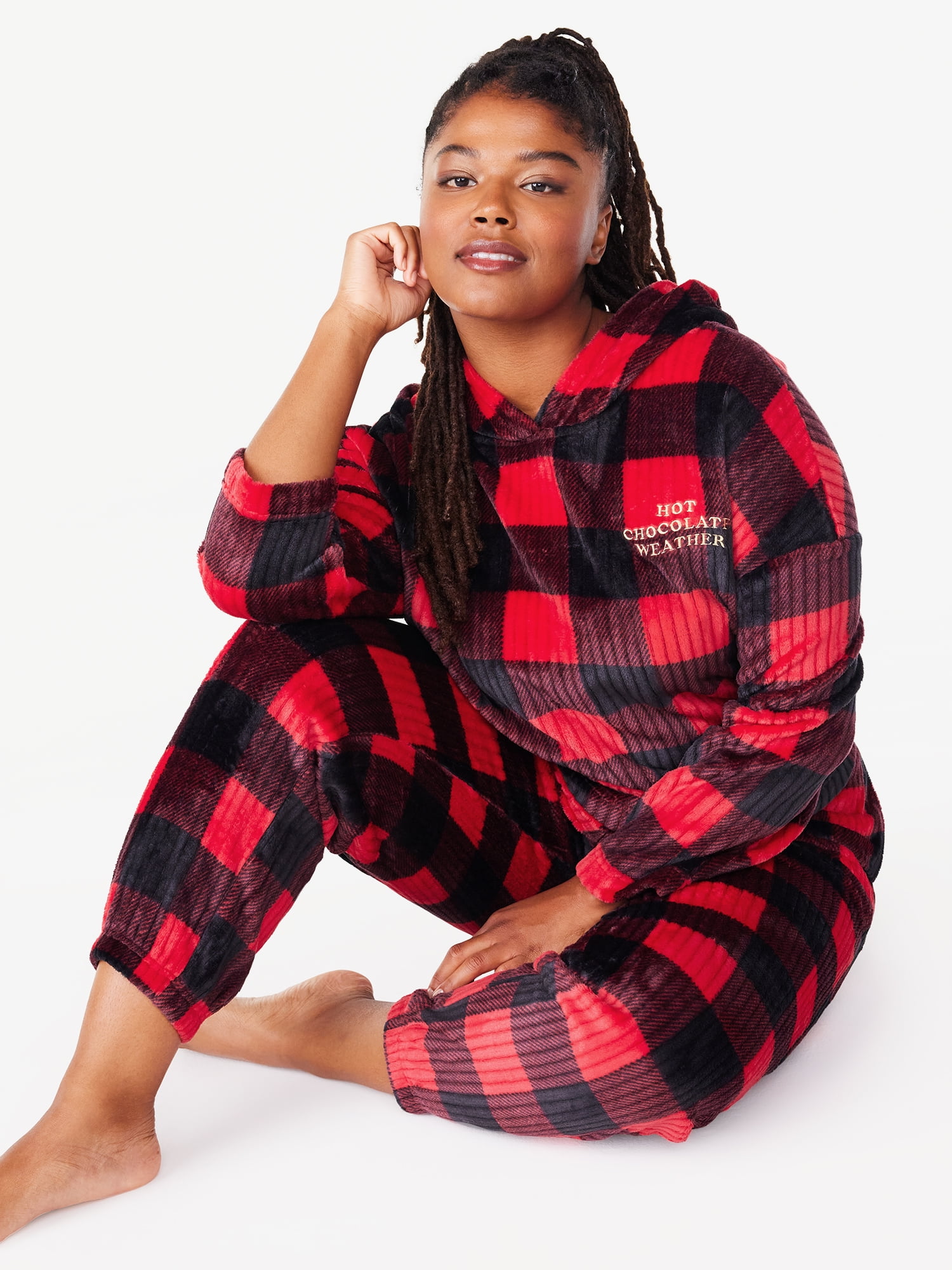Joyspun Women's Plush Hooded Top and Pants, 2-Piece Pajama Set, Sizes XS to  3X 