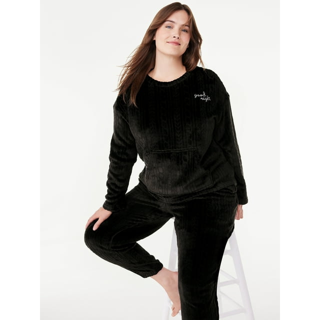 Joyspun Women’s Plush Hooded Top and Pants, 2-Piece Pajama Set, Sizes XS to 3X