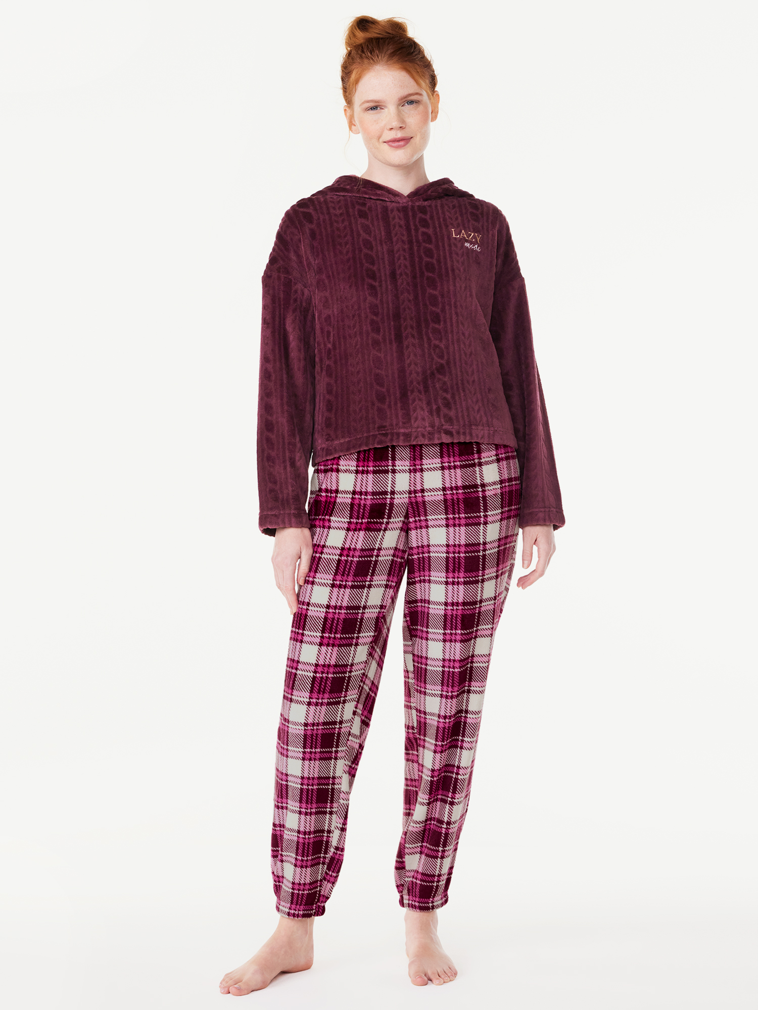 Joyspun Women’s Plush Hooded Top and Pants, 2-Piece Pajama Set, Sizes ...