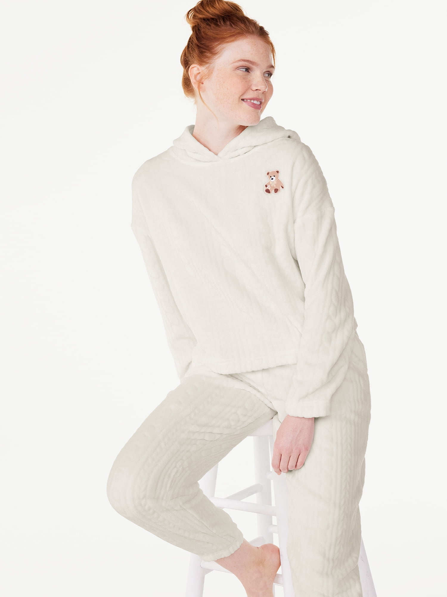 Joyspun Women's Plush Hooded Top and Pants, 2-Piece Pajama Set, Sizes XS to  3X 