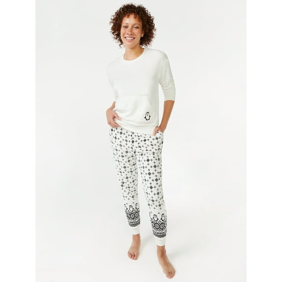 Joyspun Women's Plush Long Sleeve Top and Pants Pajama Set, 2-Piece, Sizes XS to 3X