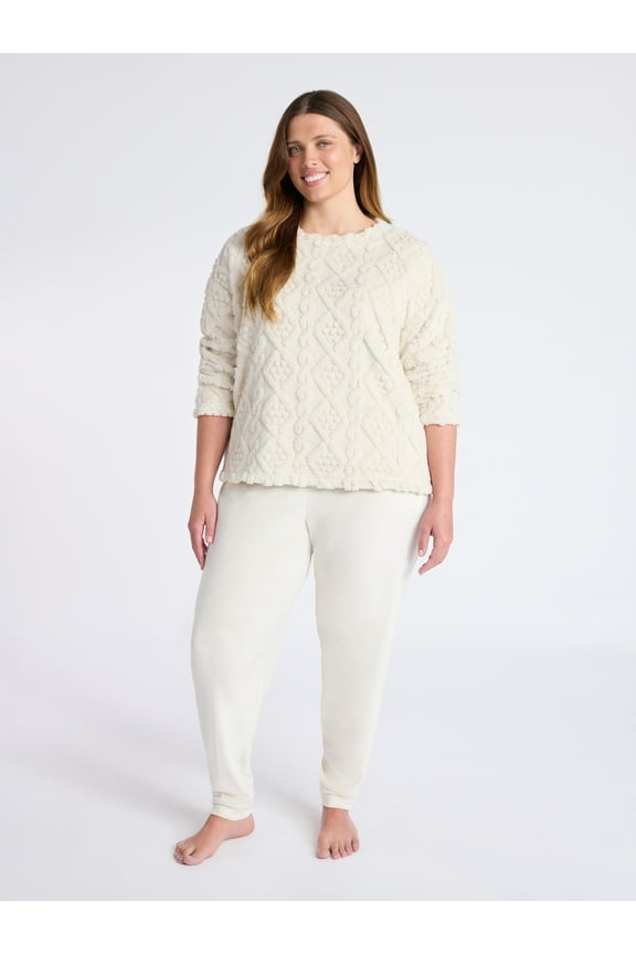 Women's Plush Long Sleeve Top and Joggers Pajama Set, 2-Piece, Size XS-3X