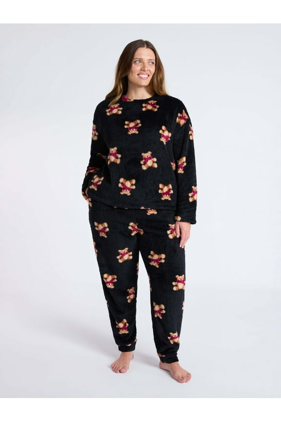Women's Plush Long Sleeve Top and Pants Pajama Set, 2-Piece, Size XS-3X