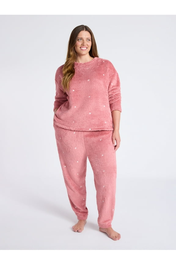 Women's Plush Long Sleeve Top and Pants Pajama Set, 2-Piece, Size XS-3X