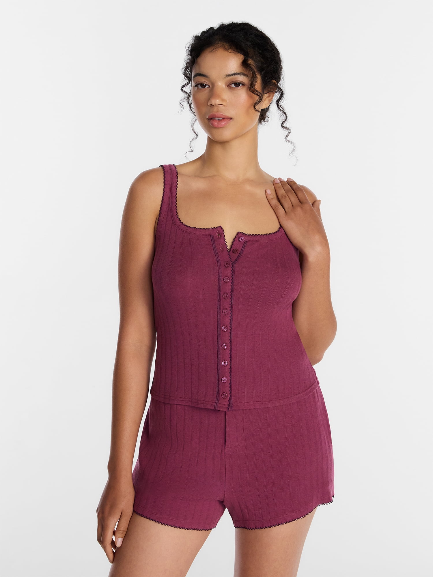 Joyspun Women's Pointelle Tank Top and Shorts Pajama Set, 2-Piece, Sizes XS-3X