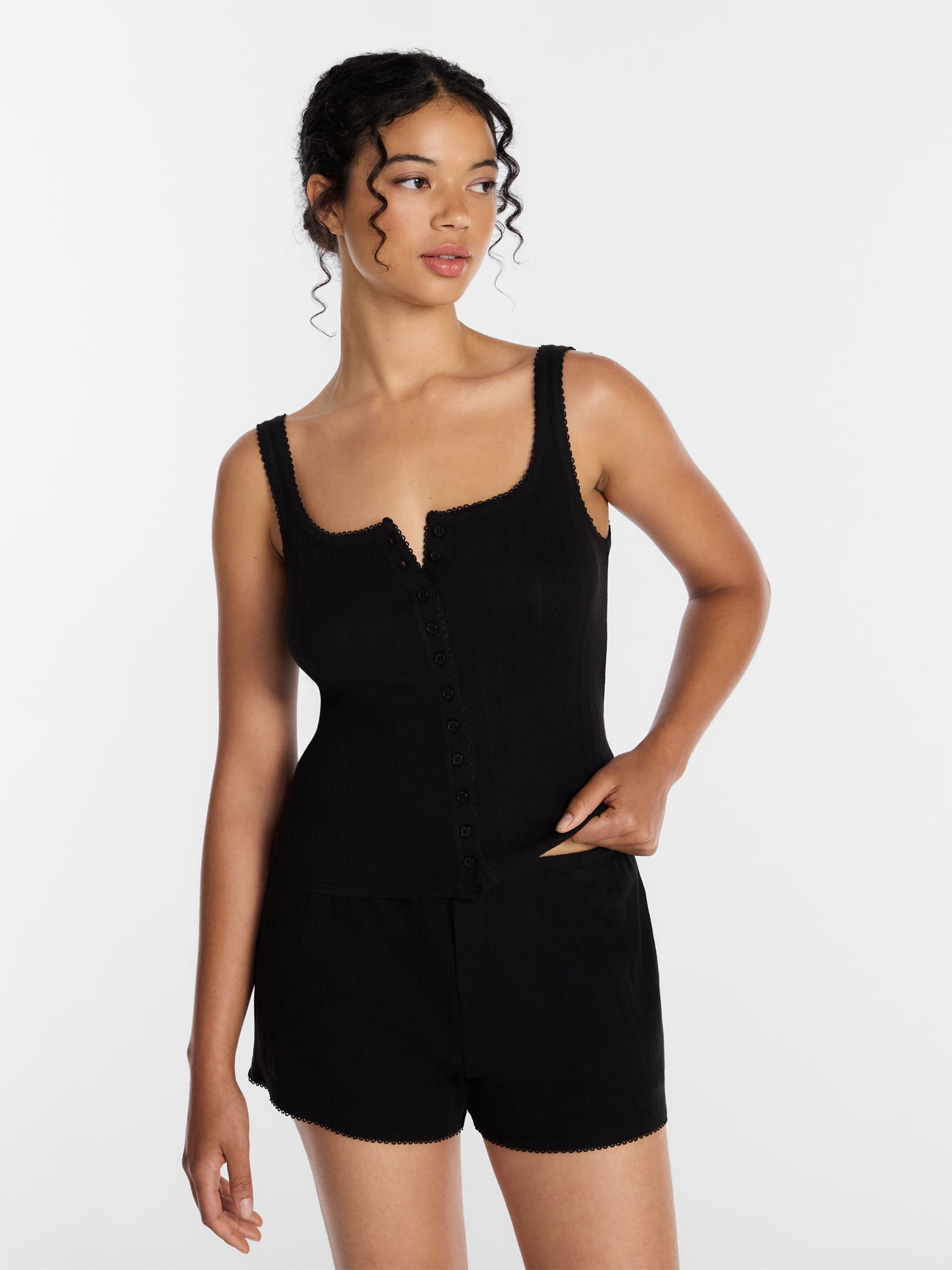 Joyspun Women's Pointelle Tank Top and Shorts Pajama Set, 2-Piece, Sizes XS-3X