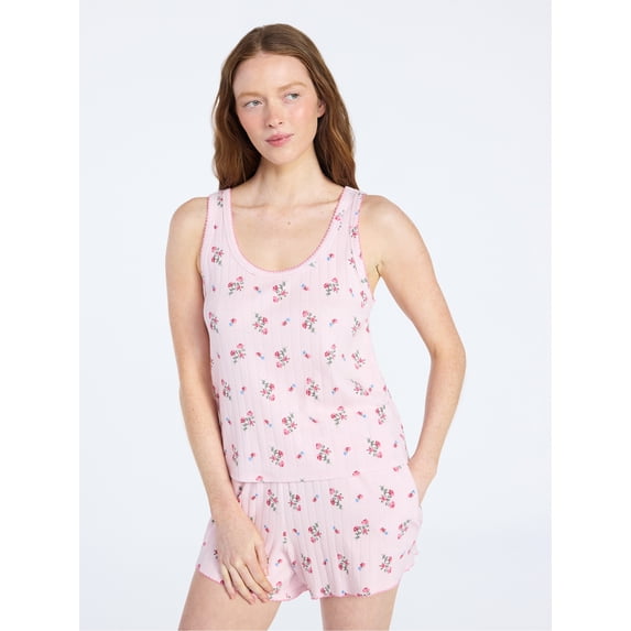 Joyspun Women’s Pointelle Knit Tank Top and Shorts Pajama Set, 2-Piece, Sizes XS-3X