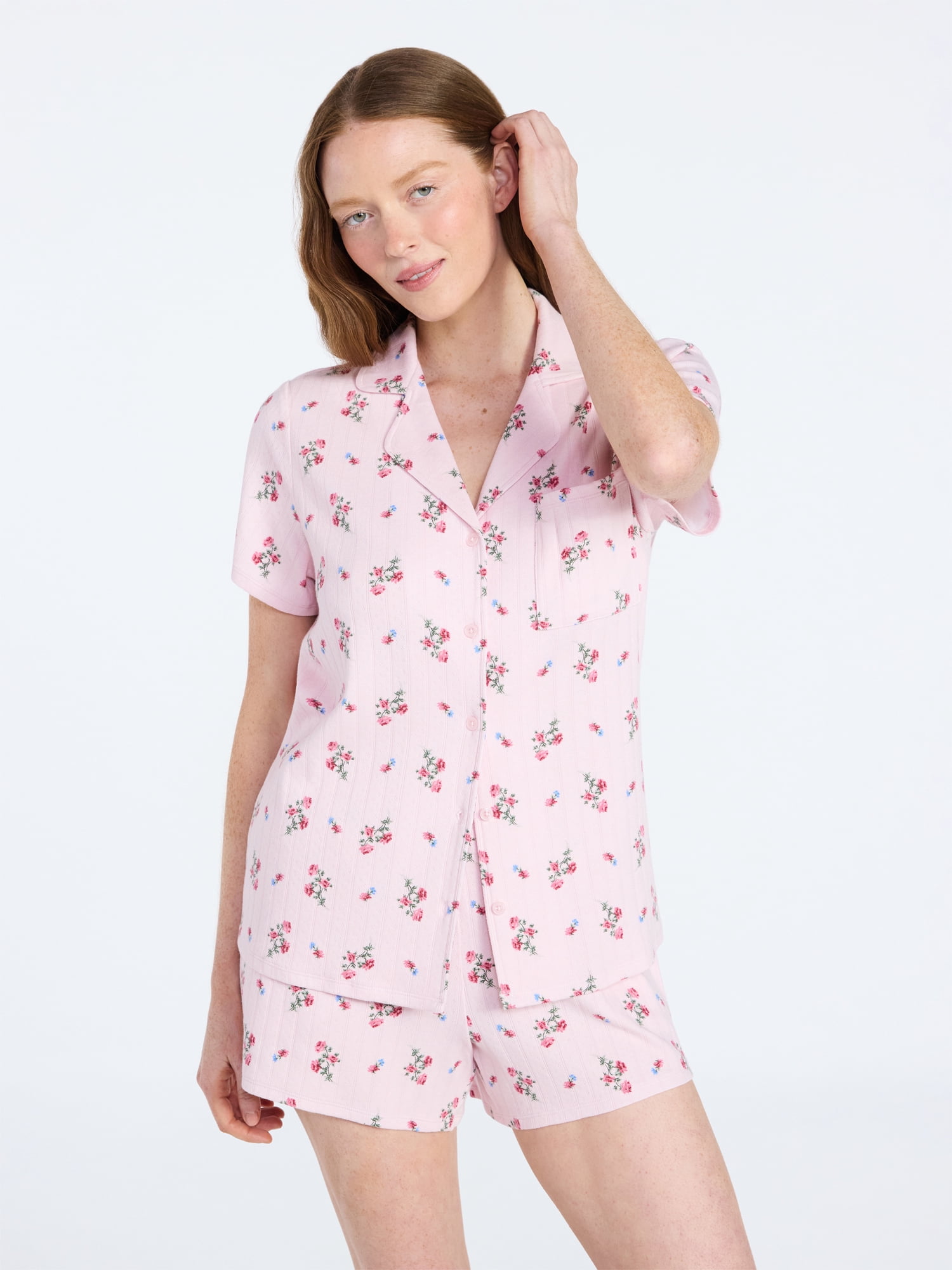 Joyspun Women’s Pointelle Knit Notch Top and Shorts Pajama Set, 2-Piece, Sizes XS-3X