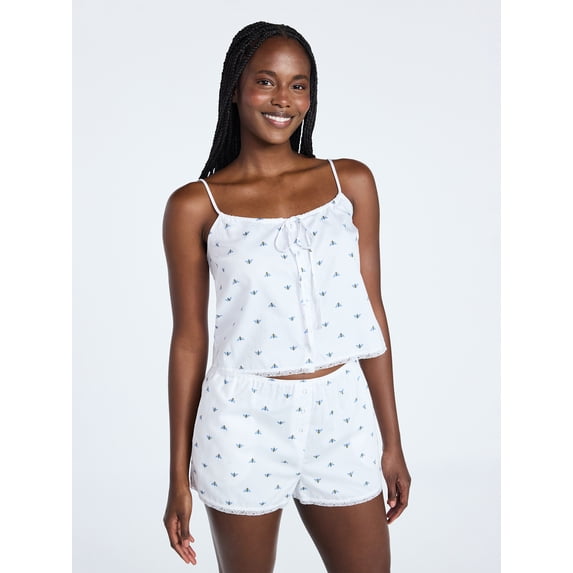 Joyspun Women's Poplin Cami and Shorts Sleep Set with Lace Trim, 2-Piece, Sizes XS-3X