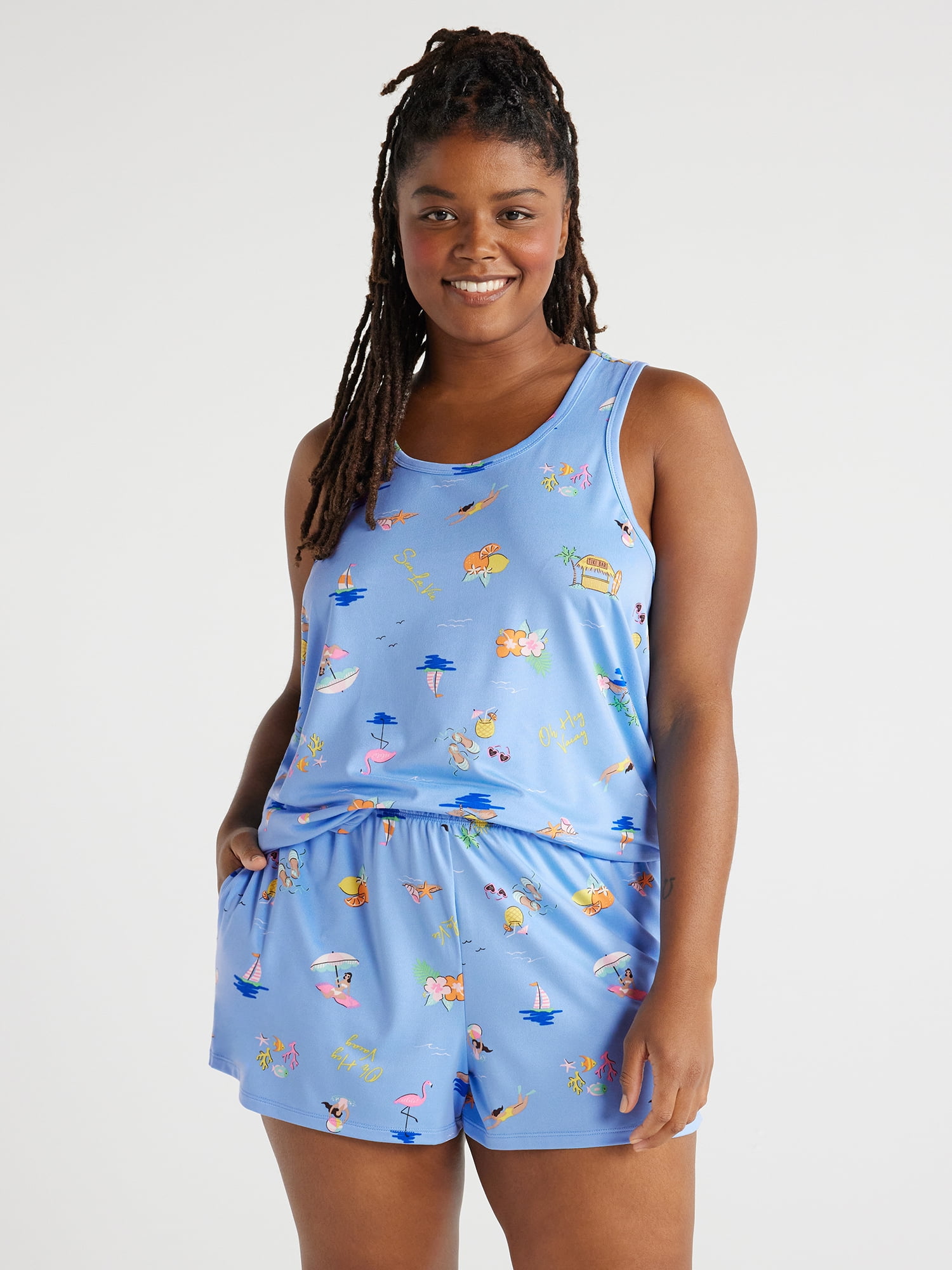 Joyspun Women's Print Tank Top and Shorts Pajama Set, 2-Piece