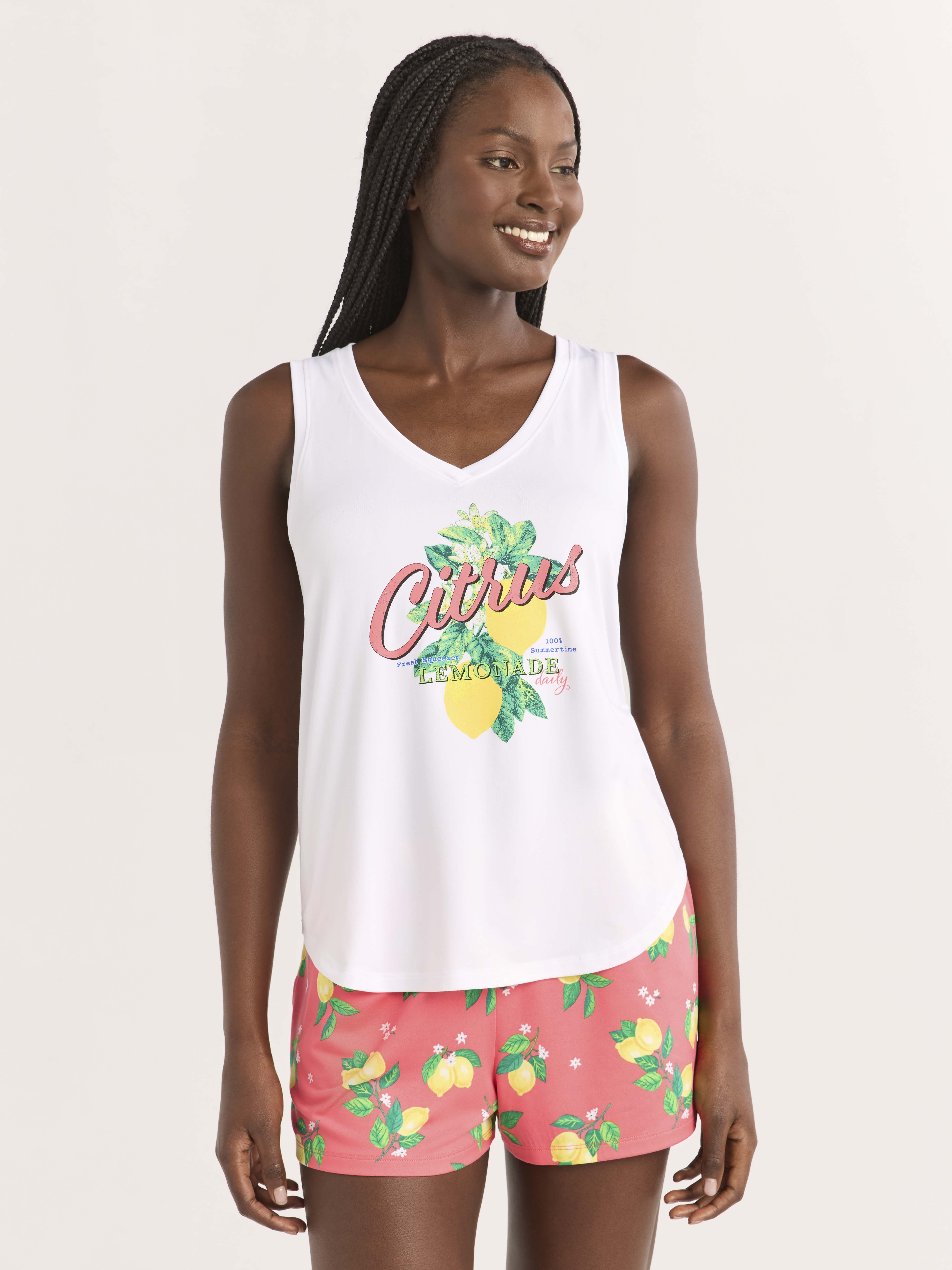 Joyspun Women's Printed Tank Top and Shorts Pajama Set, 2-Piece