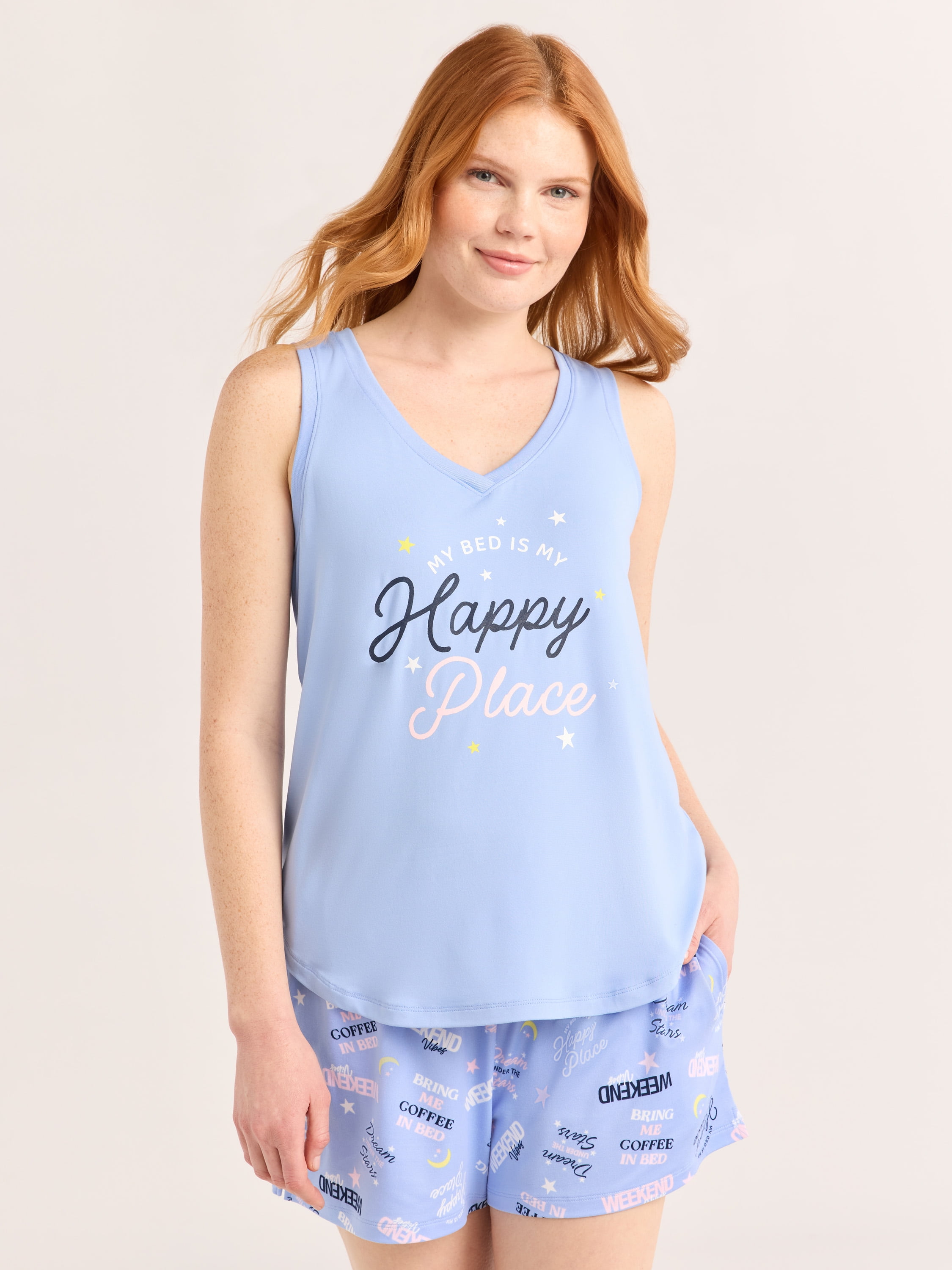 Joyspun Women's Printed Tank Top and Shorts Pajama Set, 2-Piece, Sizes XS-3X