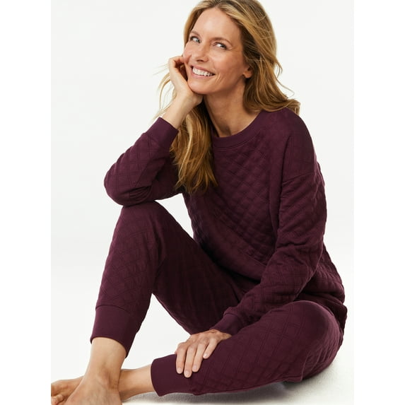 Joyspun Women's Quilted Long Sleeve Top and Joggers Sleep Set, 2-Piece, Sizes XS to 3X