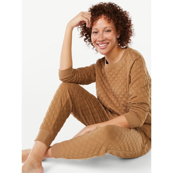 Joyspun Women's Quilted Long Sleeve Top and Joggers Sleep Set, 2-Piece, Sizes XS to 3X